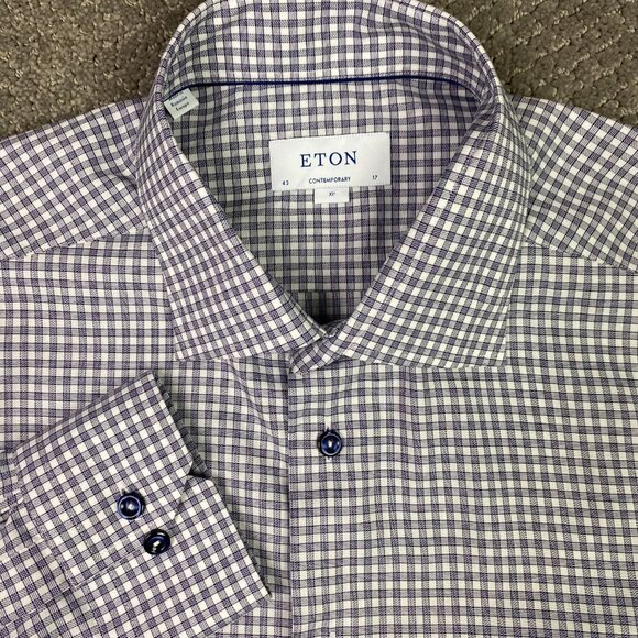 Eton Contemporary Shirt Men's 43 17 Blue White Gingham Check Signature Twill - Picture 1 of 14